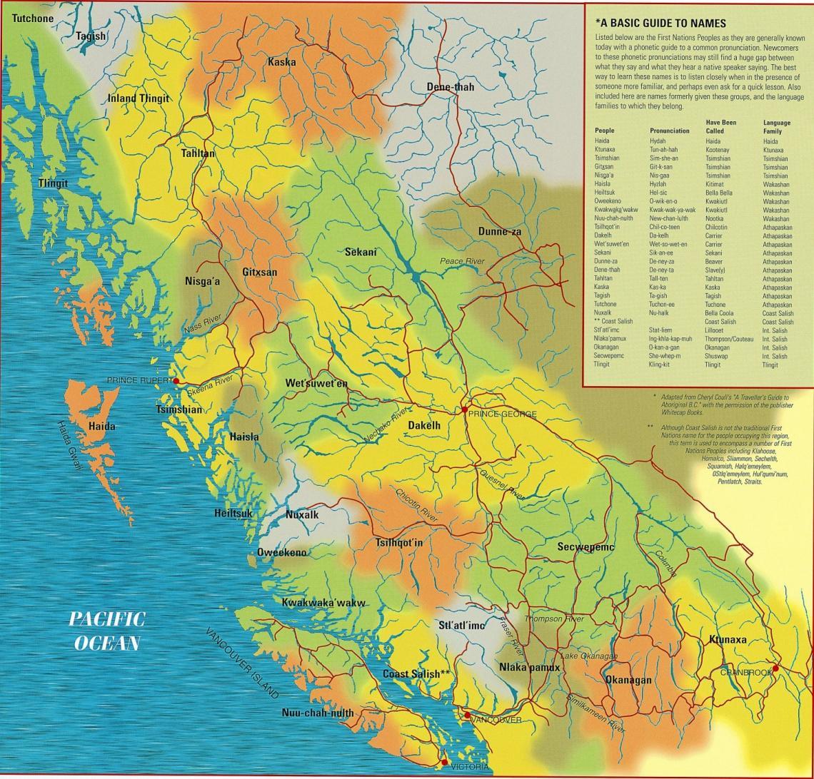 Represents boundaries of the various First Nations across British Columbia. Includes a basic pronunciation guide to names