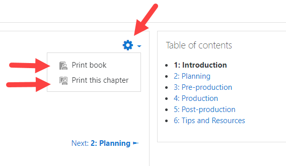 Screen capture showing how to access the print book feature in the book module.