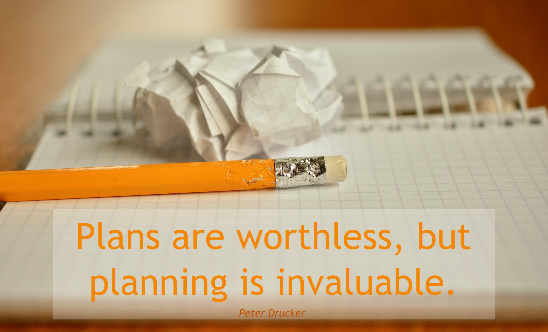 Graphic with text overlay that says - Plans are worthless, but planning in invaluable. Perter Druker.