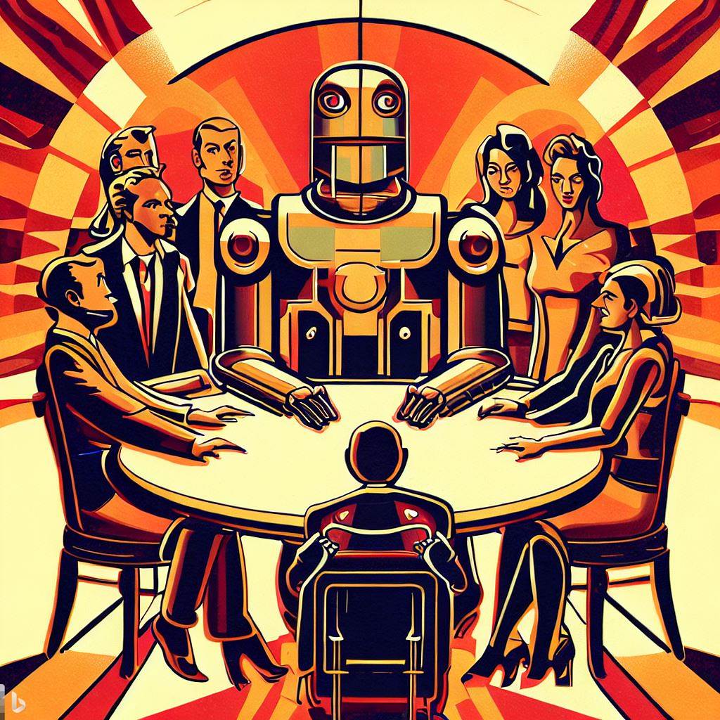 This is an image in the art deco style that shows a robot seated at a table with humans seated around it.