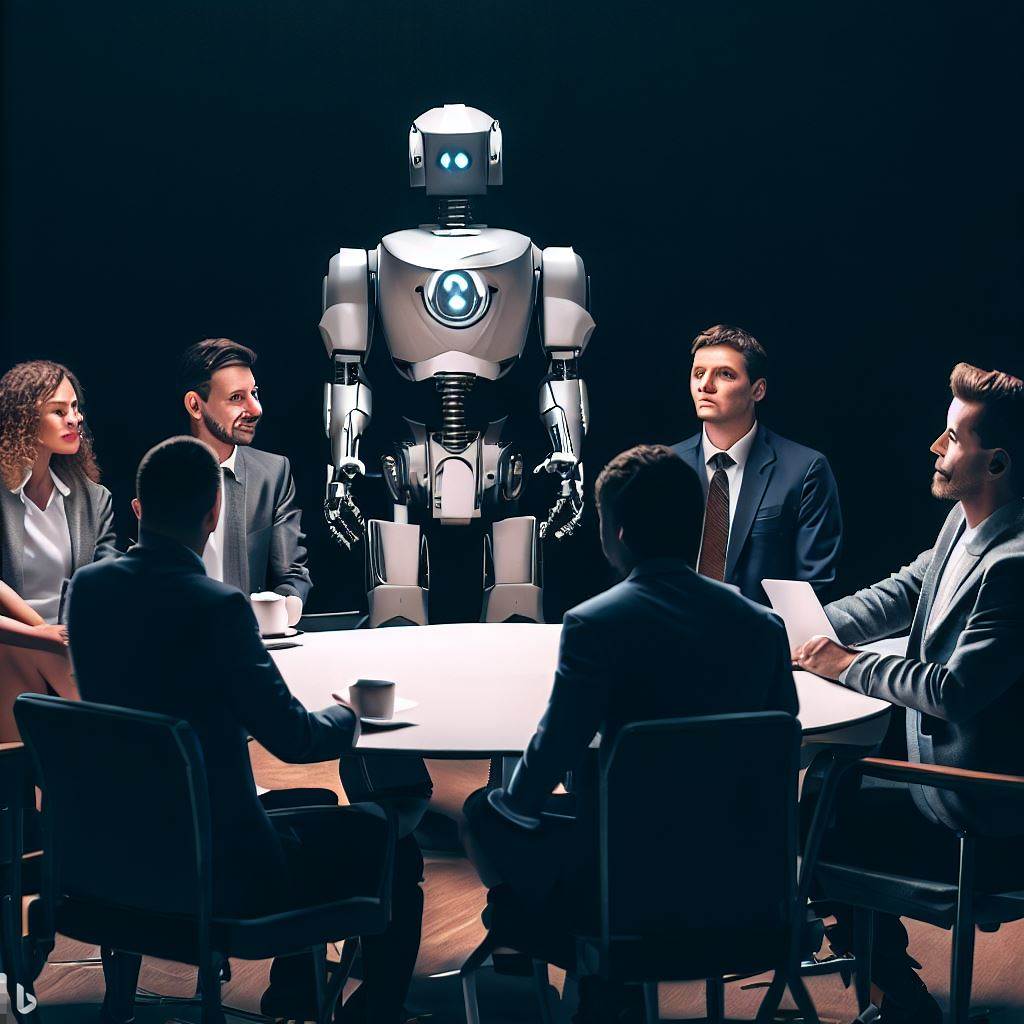 A robot stands above a group of humans seated around a round table. The image is photorealistic.