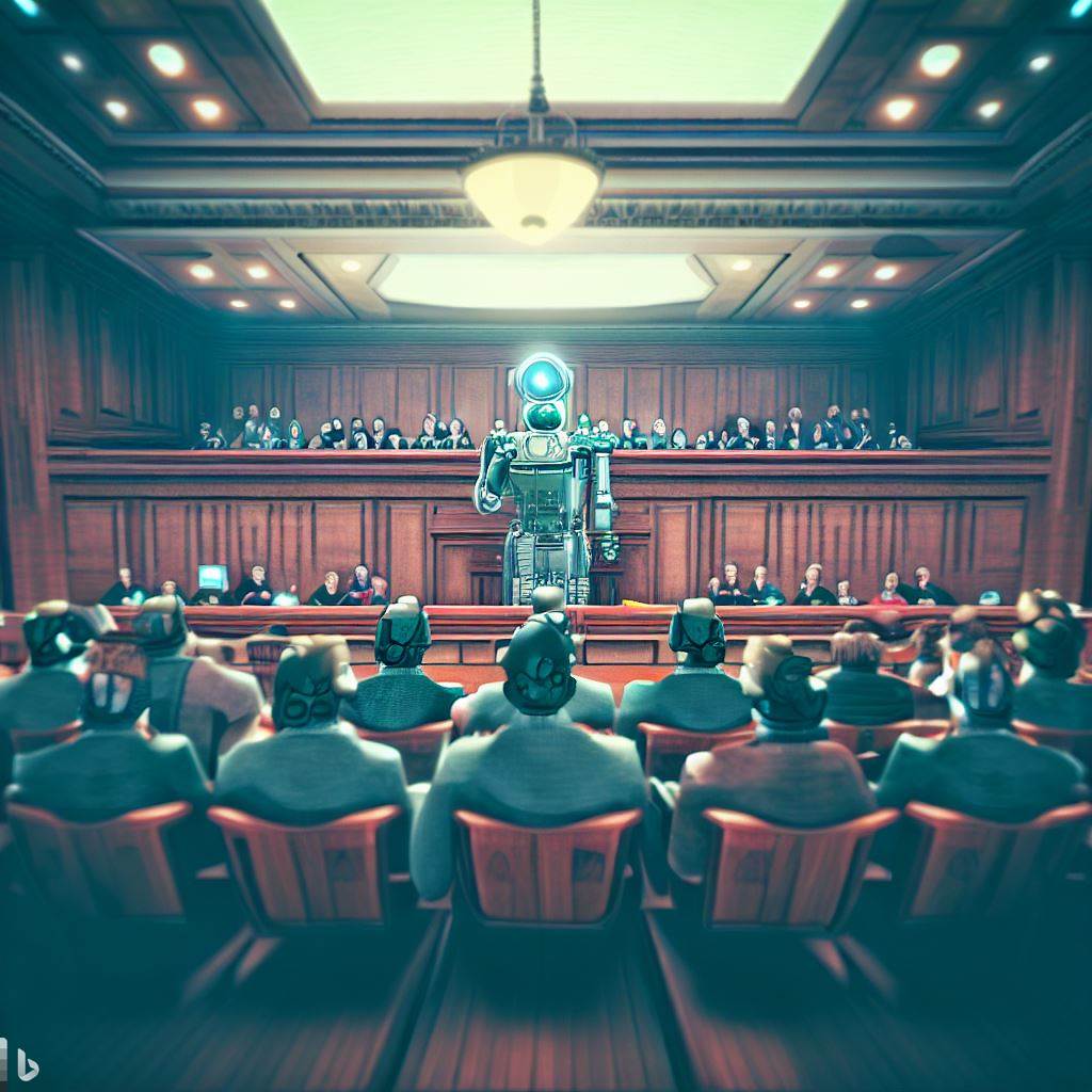 A robot stands on trial in a courtroom full of humans