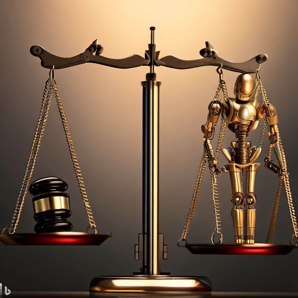 A robot is sitting in the scales of justice.