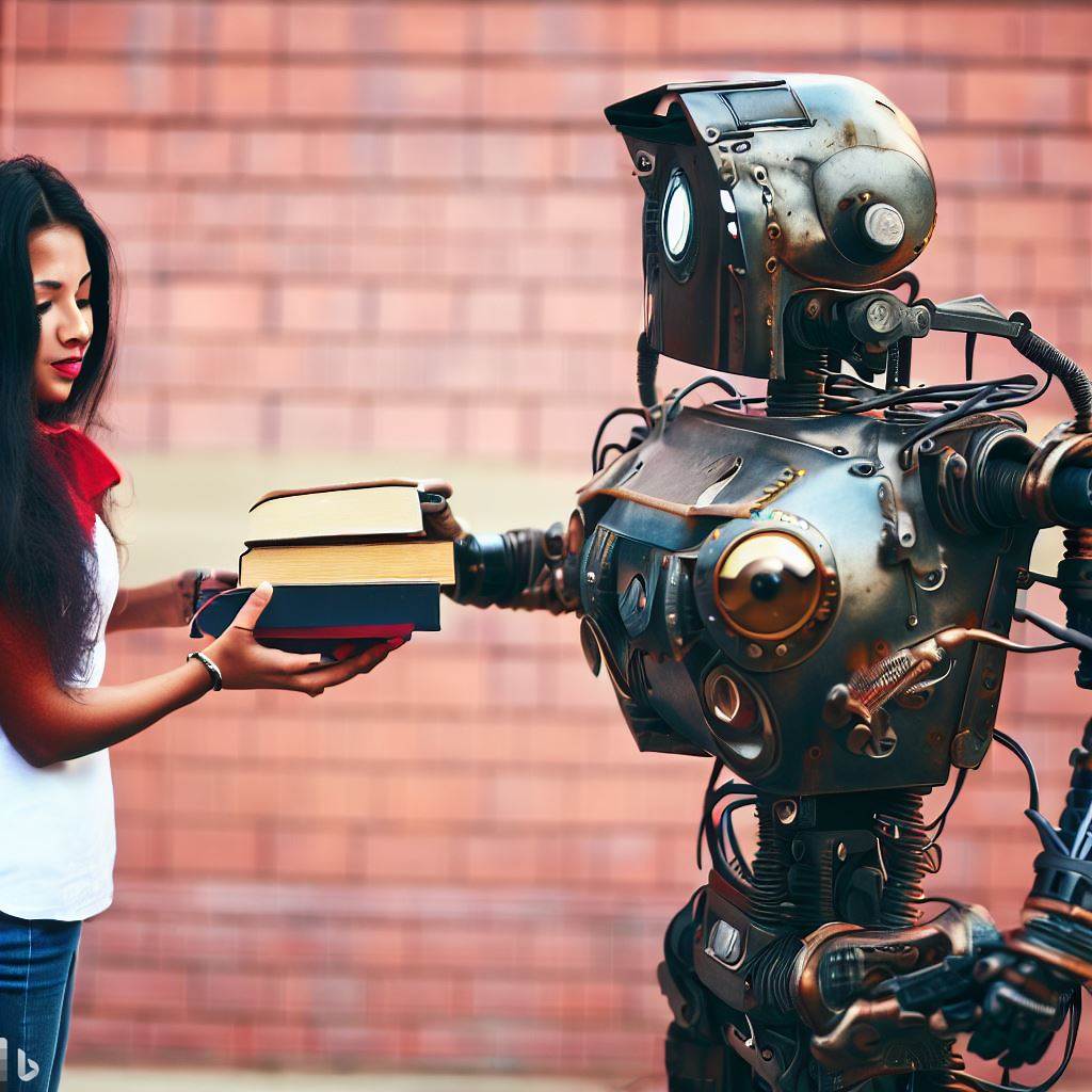 A robot hands a resource (a book) to a woman