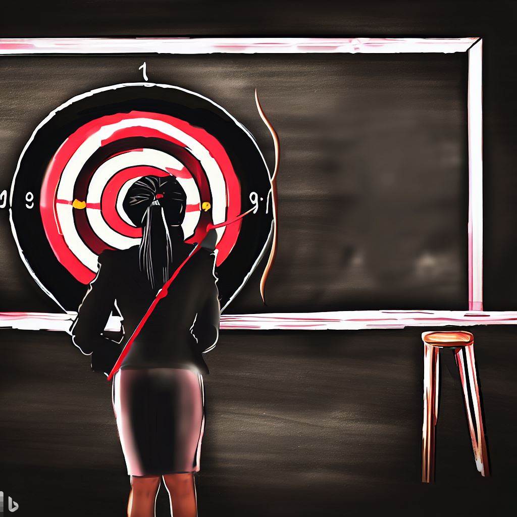 A teacher looks at a target on the blackboard.