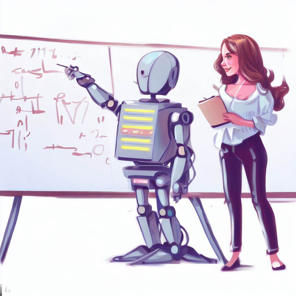 A robot teaches a teacher how to write a prompt.