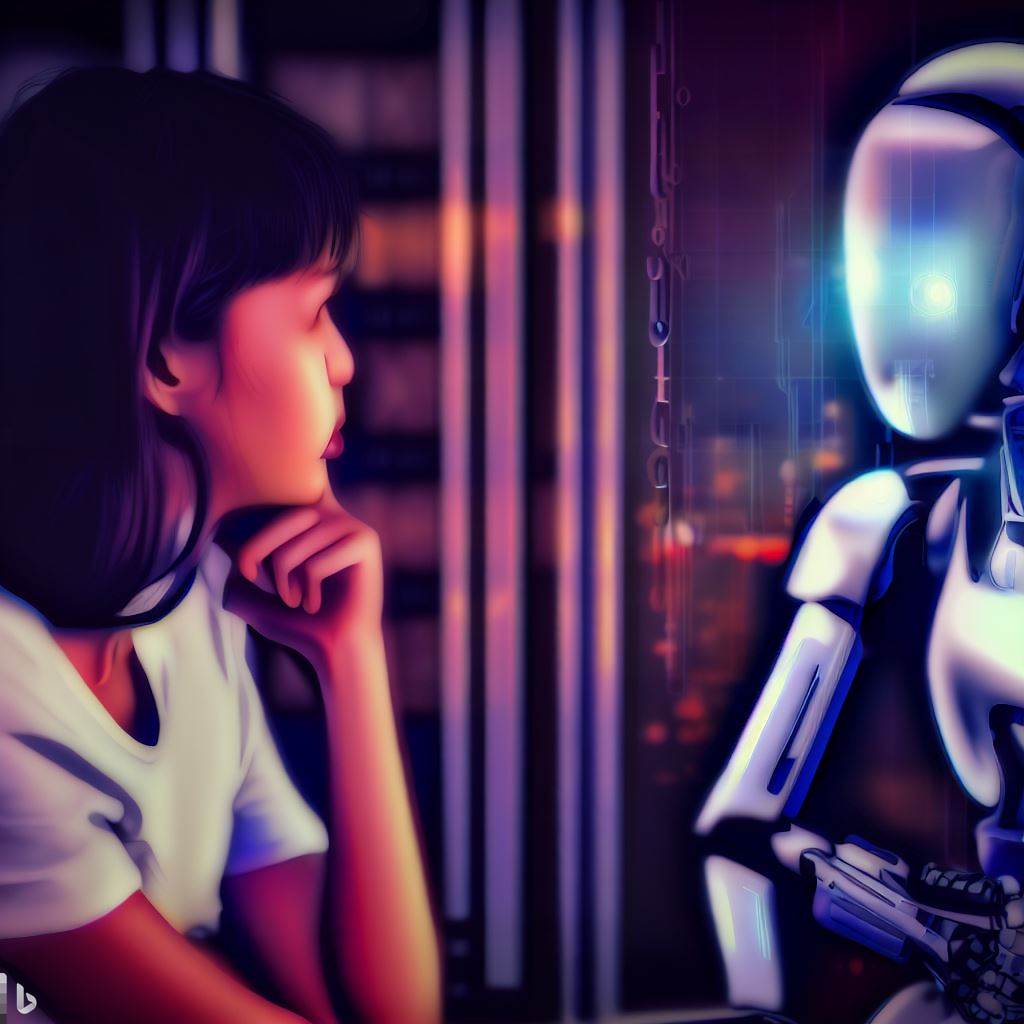 A student is engaged in thought while interacting with a robot.