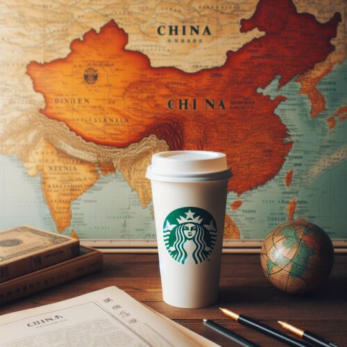 DALL-E 3 created this image in response to the prompt: “Create an image of a Starbucks coffee cup in front of a map of China"