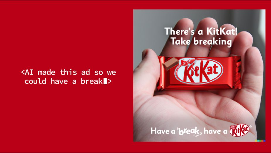 An obviously AI picture of a hand with too many fingers holding a Kit Kat snack with the text "AI made this ad..."