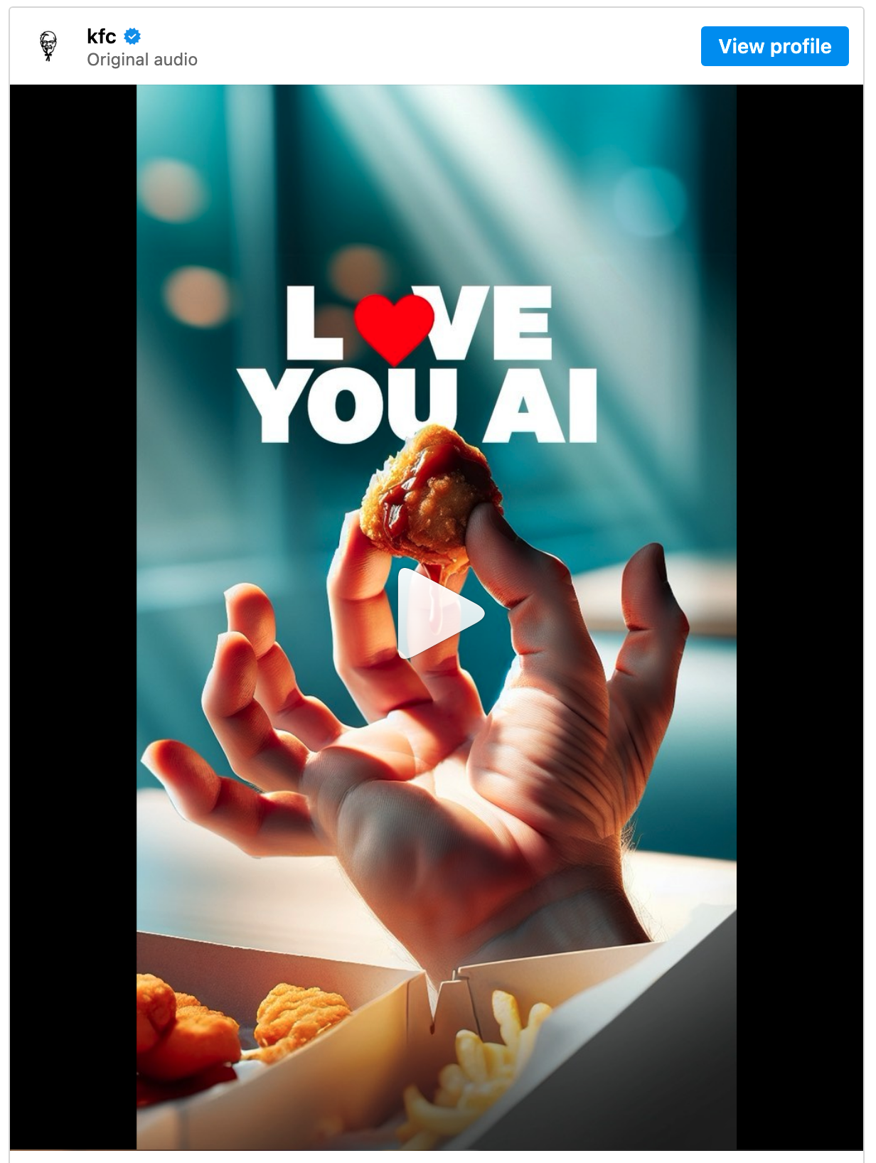 A picture of an AI generated hand with too many fingers as a good thing because KFC is finger licking good.